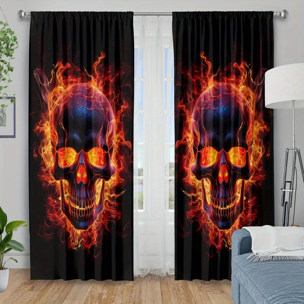 3D  Skull Curtains,  Skeleton Print Drapes, Cool Gothic Window Treatment for Boys Bedroom Game Room Decor, Blackout