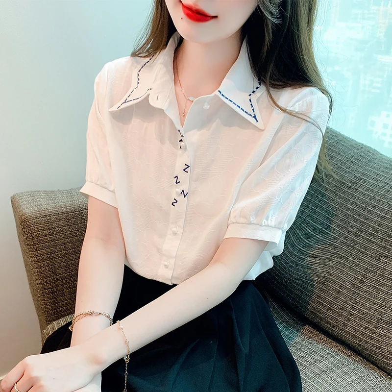 

2023 New Arrival Spring Summer Women Turn-down Collar Short Sleeve Blouse Cotton Embroidery Single Breasted Casual Shirts V643