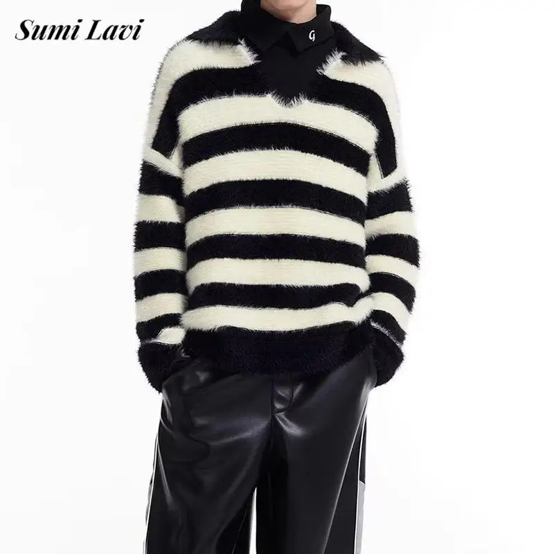 

Leisure Mens Fleece Furry Polo Shirts Autumn Winter New Fashion Striped Fleece Pullovers Men Casual Lapel Long Sleeve V Neck Top