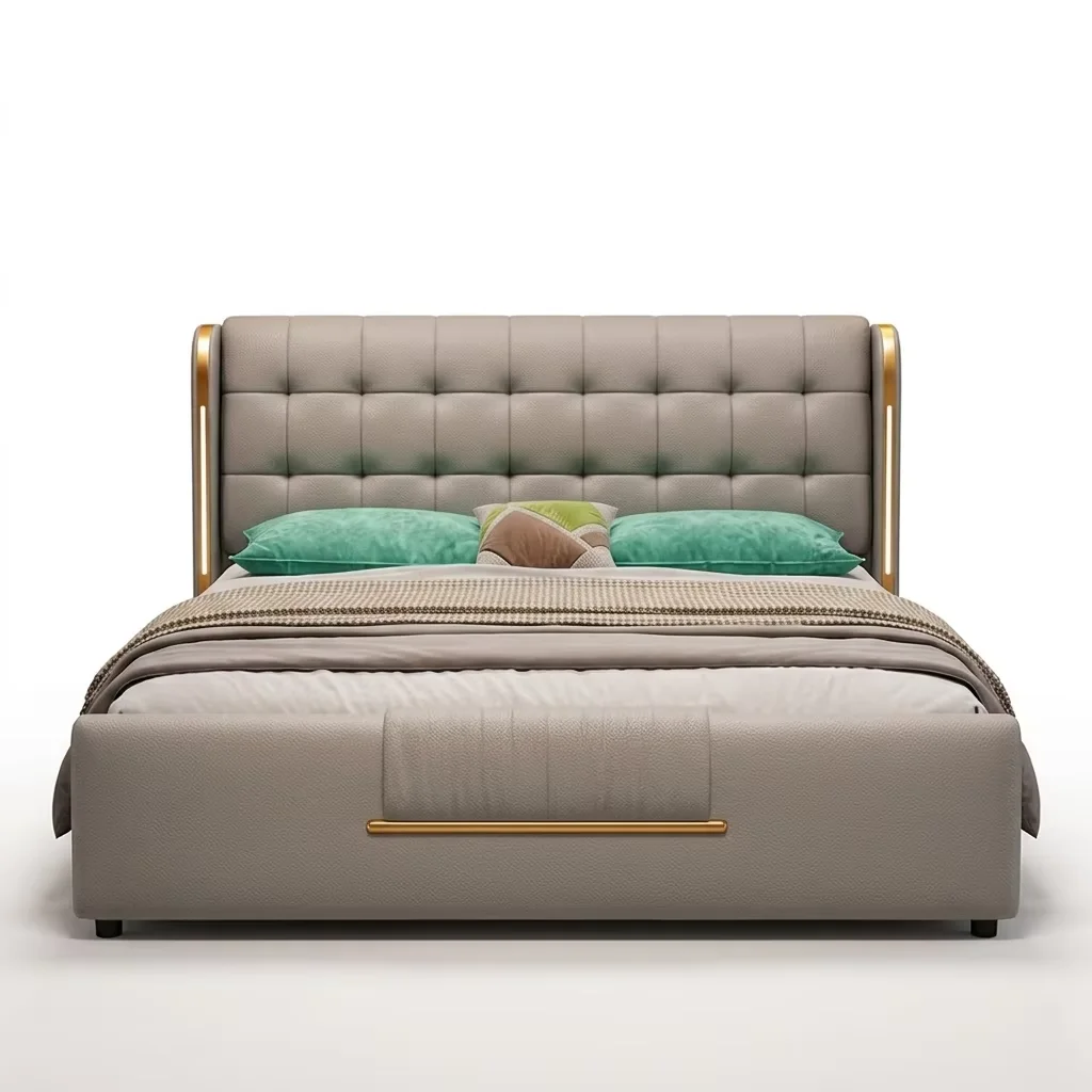 ^Modern Italian Smart LED Light Luxury Soft Bed-Premium Nappa Leather Upholstered Queen Bed Frame Storage Wholesale Furnitur