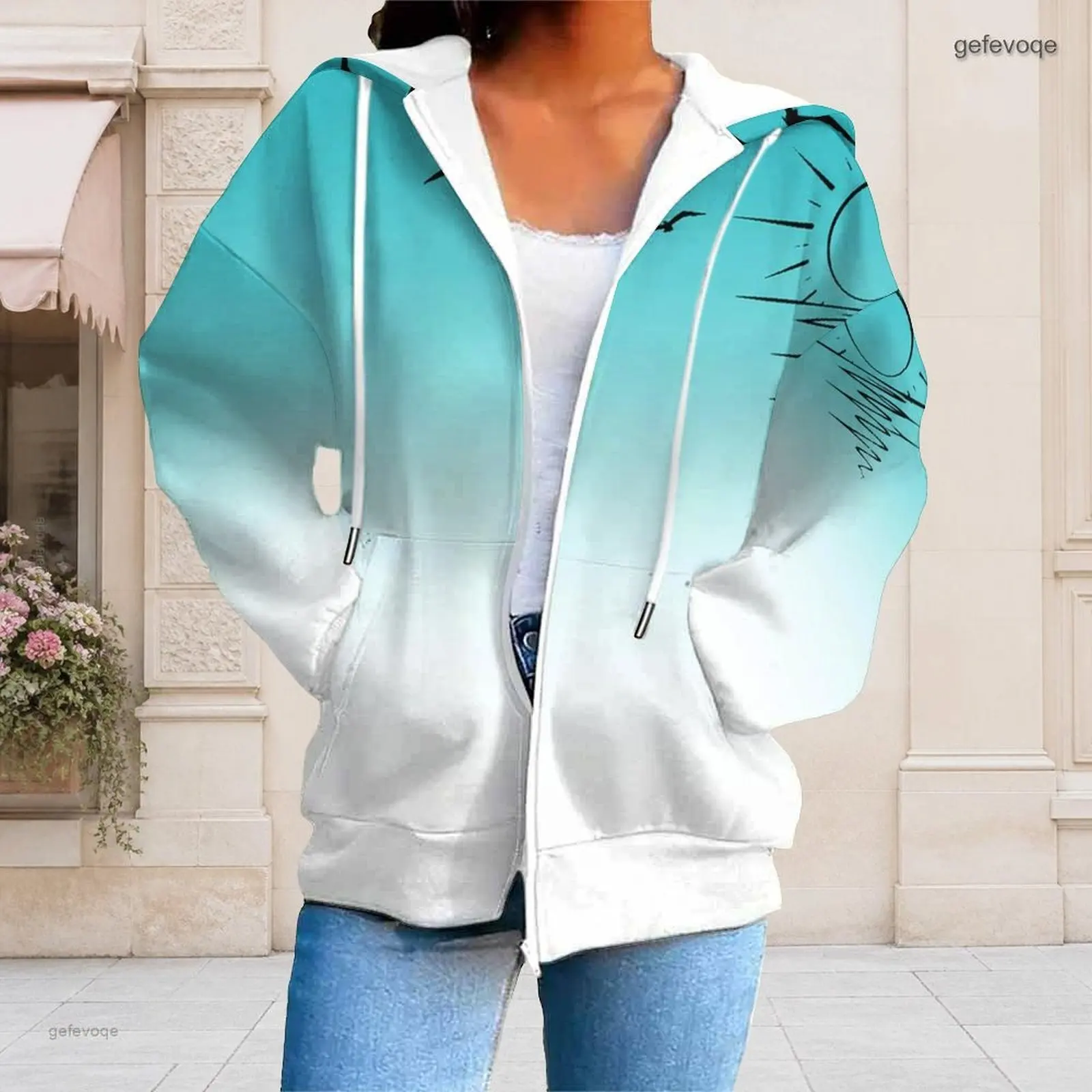 Women Palm Beach Printed Gradient Zip Up Long Sleeve Drawstring Hoodie with Pockets