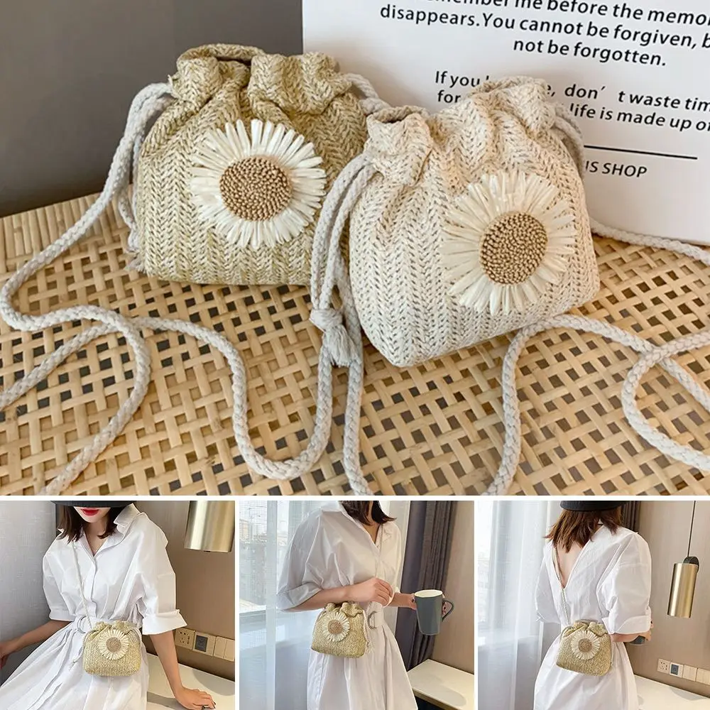 

Women's Summer Straw Beach Bags Classic Texture Sunflower Drawstring Woven Handbags Crossbody Shoulder Bag Messenger Bags