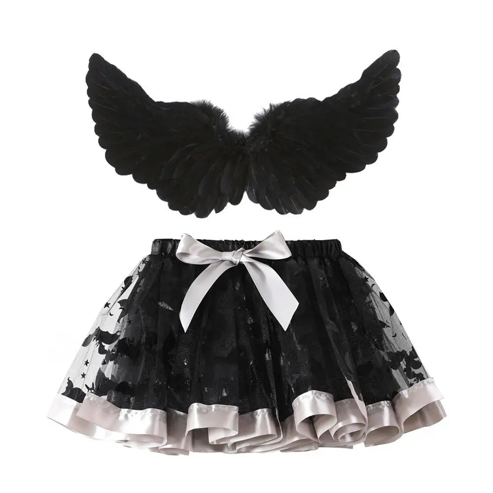 loween Children's Tulle Skirt with Feather Wings Print Net f Skirt Bla Two-Piece Set Cartoon PU Material Spring Season