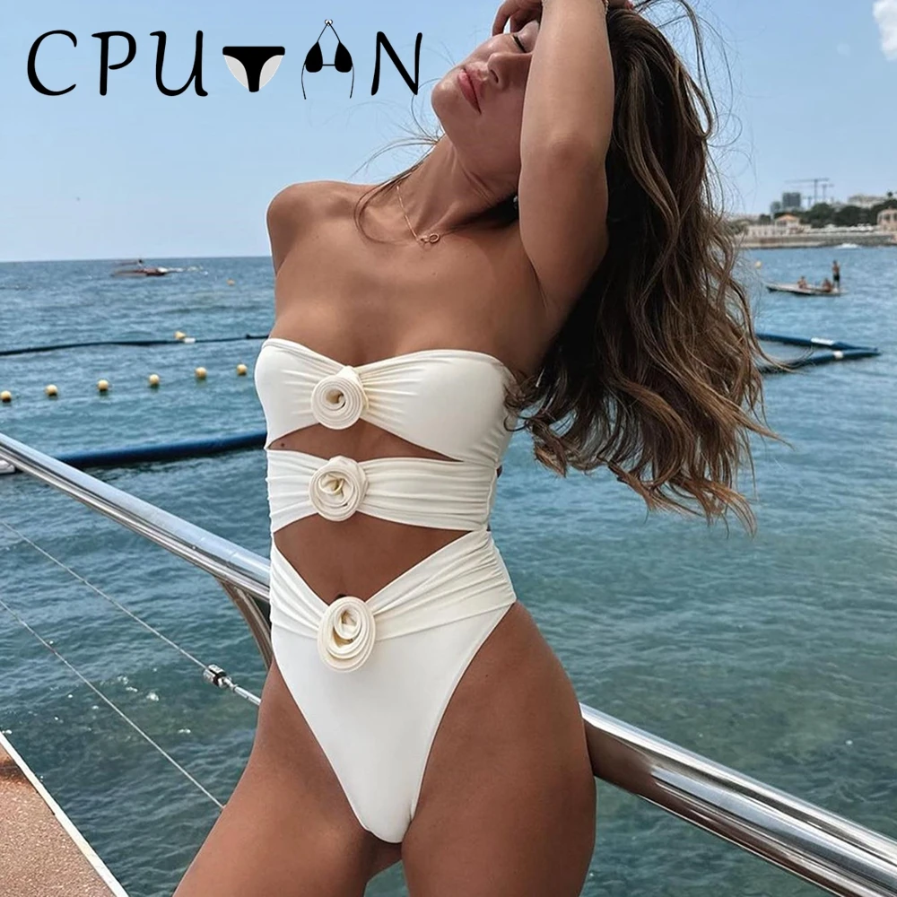 CPUTAN 2024 Sexy White 3D Flower Solid Two Piece Push Up Bikini Set Luxury Swimwear Women Swimsuit Beachwear Summer Bathing Suit