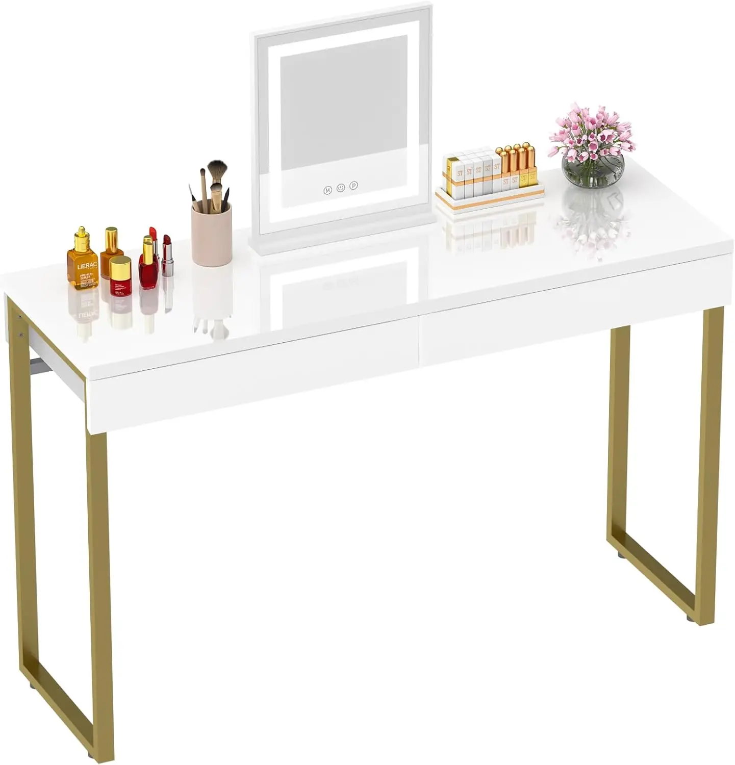 

Vanity Desk with 2 Drawers Glossy White 39 inch Modern Home Office Computer Desk Makeup Dressing Console Table with