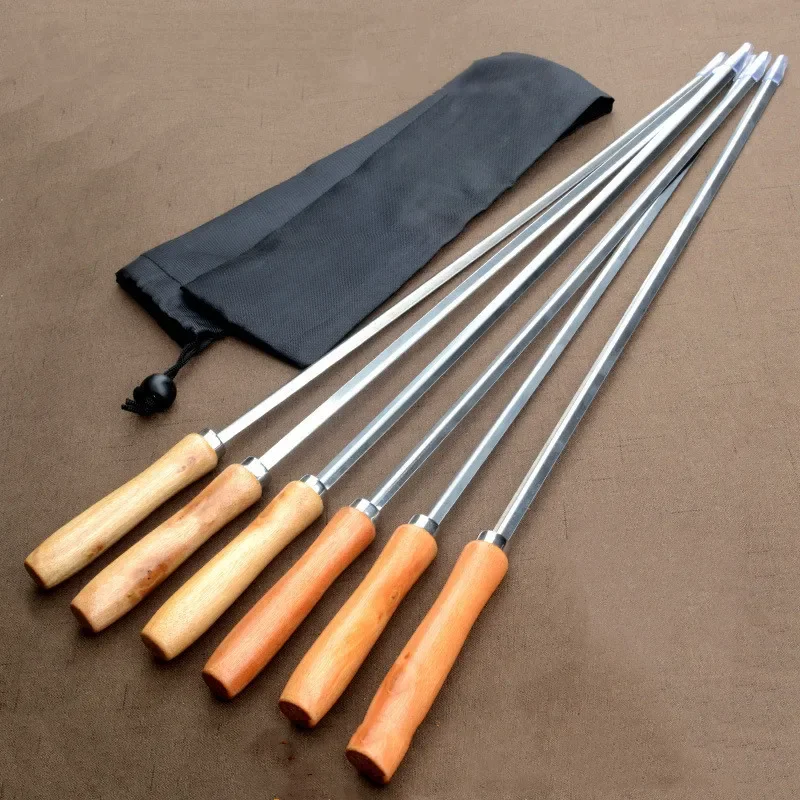 6pcs 50cm BBQ Skewers V-type Long Handle Shish Kebab Barbecue Grill Stick Wood BBQ Fork Stainless Steel Outdoors Grill Needle