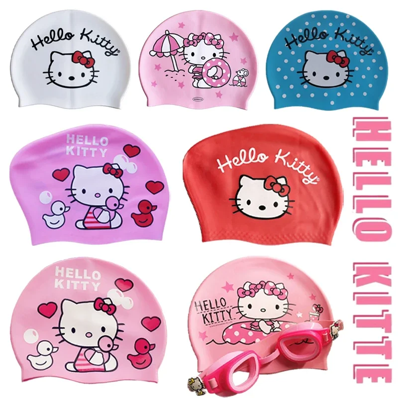 Sanrio Hello Kitty Swimming Caps Cartoon Diving Hat Kid High Elastic Waterproof Silicone Ear Long Hair Protection Swim Pool Cap