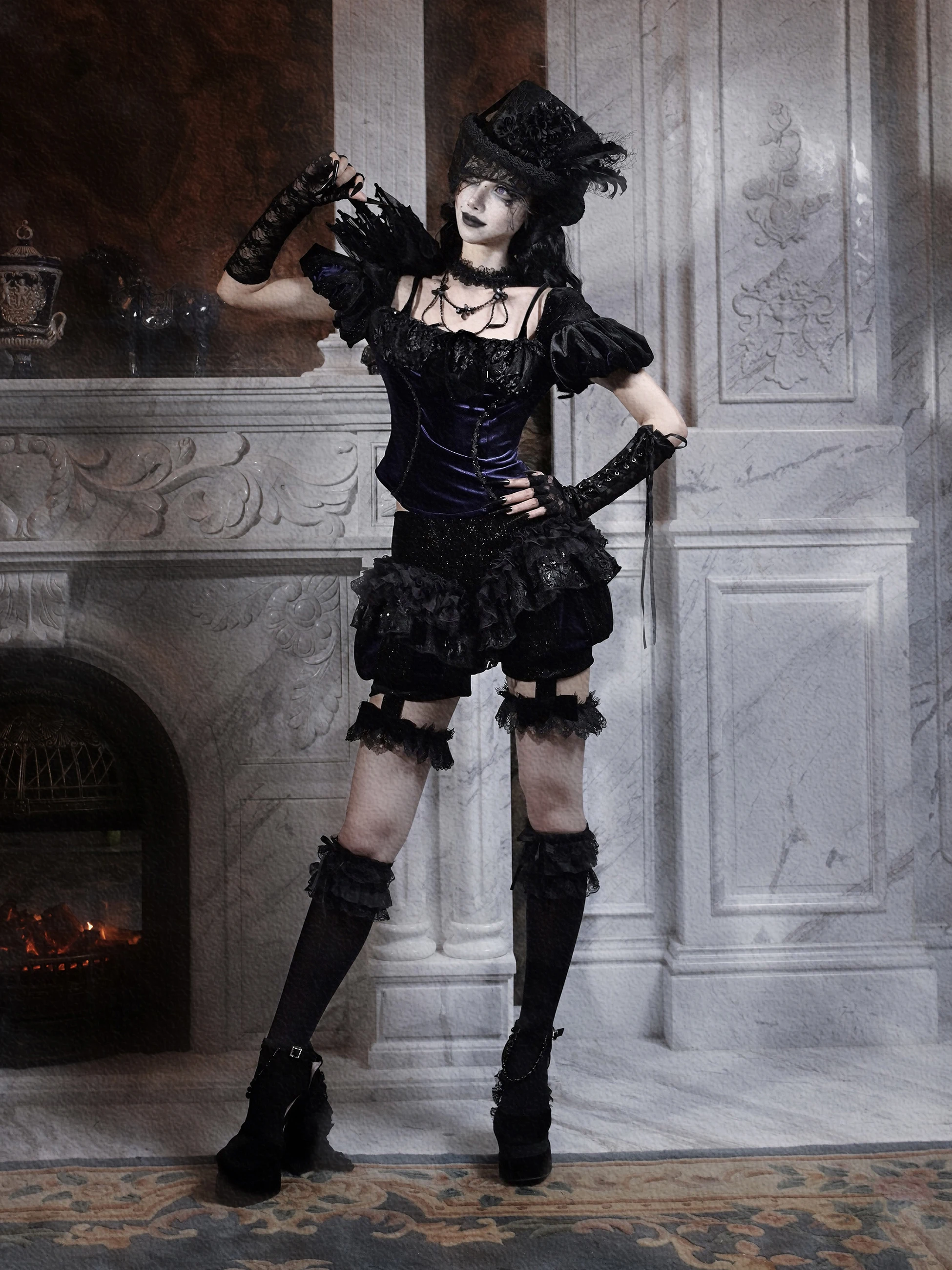 Blood Supply Original Brand Death Gothic Puff Short Sleeve Velvet Lace-up Backless Slim Top Halloween Purple Blouse Shirt Summer