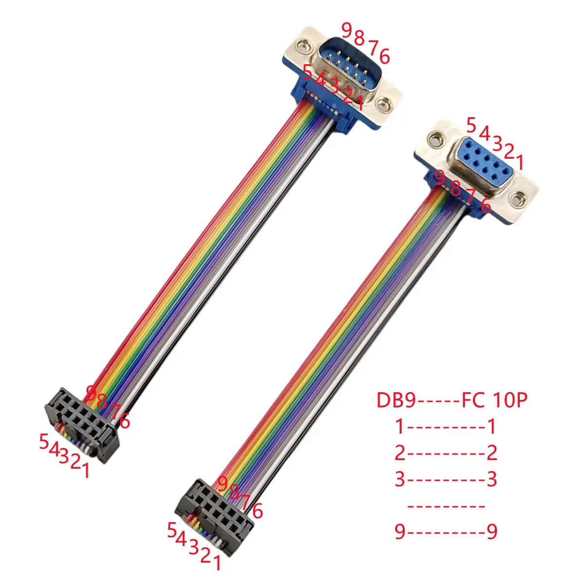 1pcs D-Sub DB9 9 Pin Male/Female Connector to FC-10P IDC Female 2.54mm 10 Pin Rainbow / Multicolor Flat Ribbon Cable to DIDC 9P