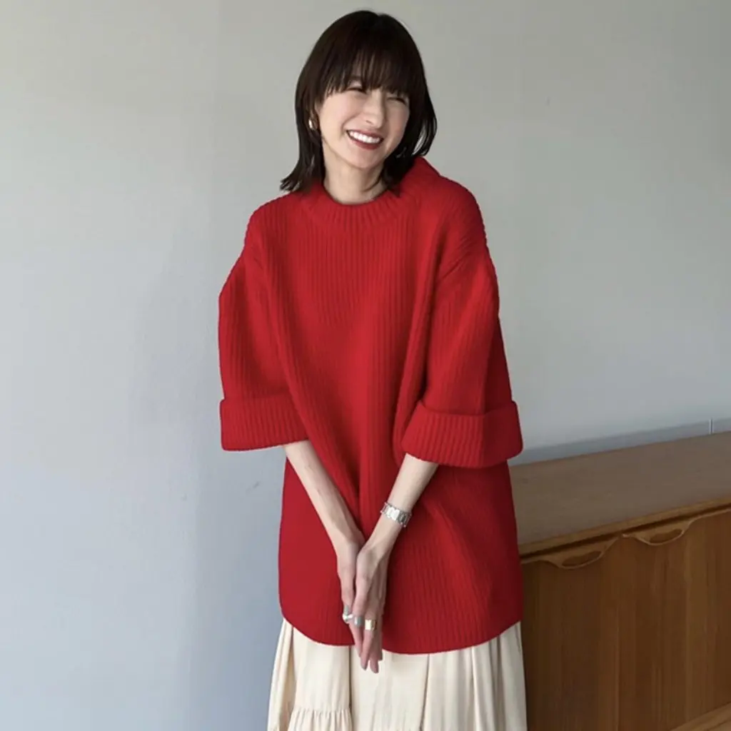

Women's Solid Color Rib Sweater by Japanese Niche Designer Loose round Neck Short-Sleeve Shoulder Wool Blend Autumn Top