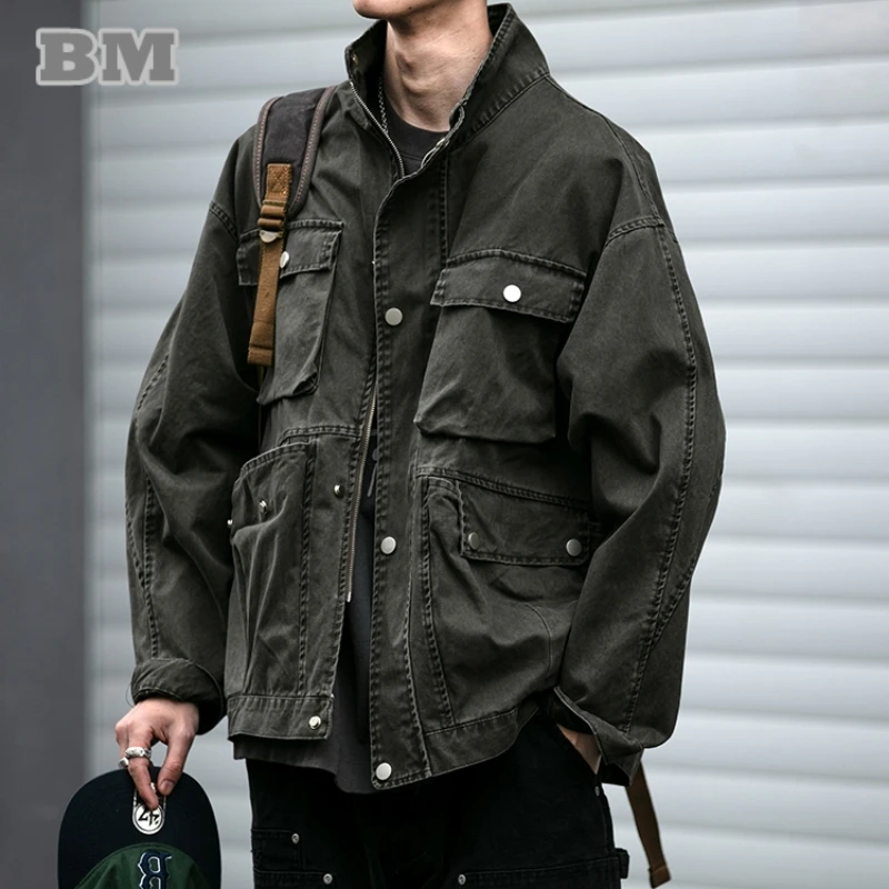 Vintage American Heavyweight Workwear Jacket High Quality Multi Pocket Drop Shoulder Distressed Coat Men Utility Clothing Trendy