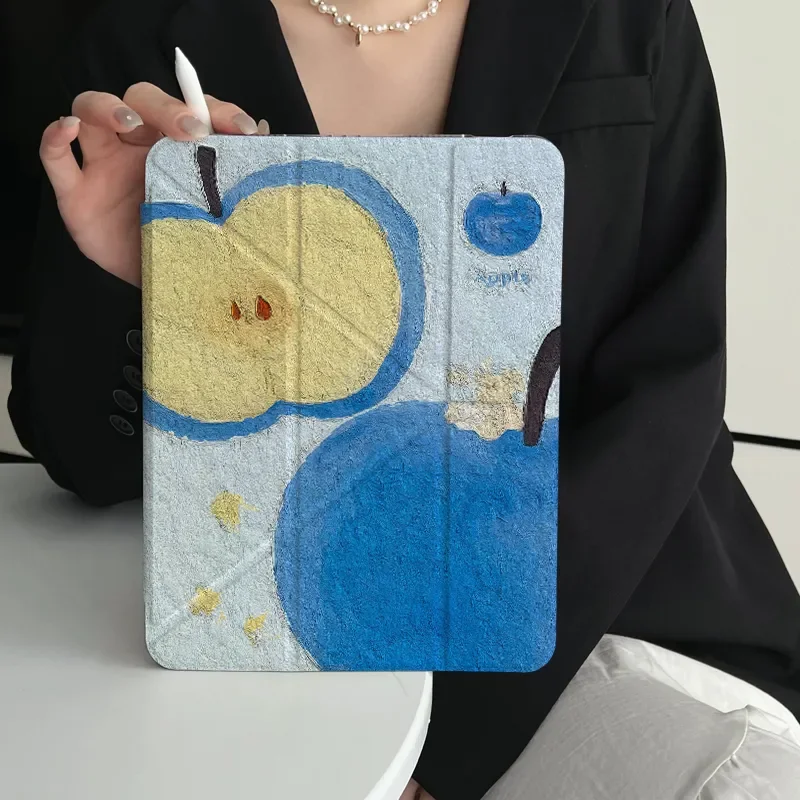 Summer Fresh Blue Apple Fruit Cartoon Design - For iPad Case iPad 11 A16 Air 7 Pro Mini 6 10 9 8 5 4 (10.2”) - 3+Y Fold Cover