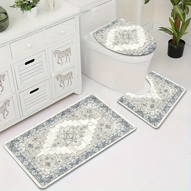 1Set Bathroom Rug Set, Vintage Design Non-Slip Absorbent Bath , Toilet Contour Mat, And Lid Cover, Soft Bedroom & Living Room