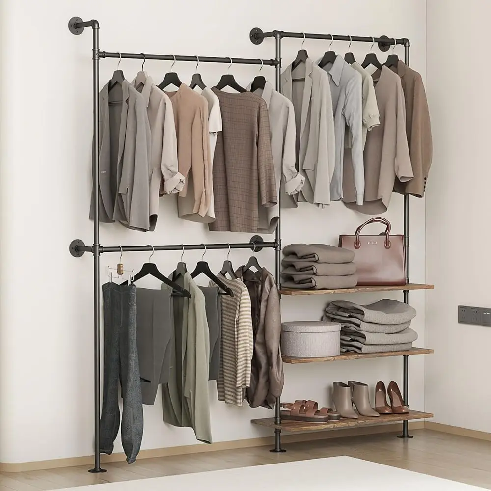 

Industrial Pipe Clothing Ra Wall Mounted Heavy Duty, Space Saving Garment Hanger System For Wardrobe/Walk-In Closet (Black, 3