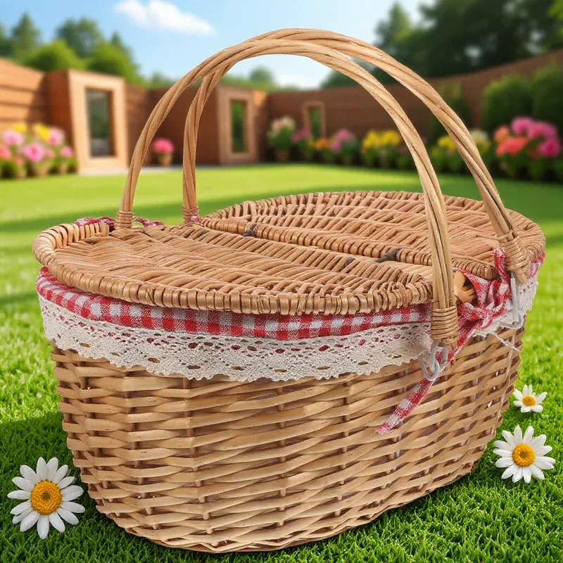 سلة نزهة من الخوص مع مقبض تخزين متعدد الوظائف للوجبات الخفيفة الفاكهة عيد الفصح ديكور المنزل هدية سلة مغزولة ريفية
