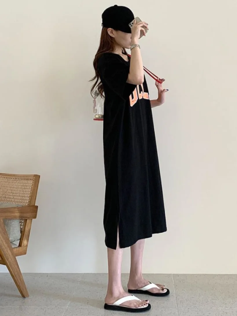 Vestido Cseta Informal y Cómodo con Bloques de Color, Estampado de Letras, Cuello Redondo, Abertura Lateral, Estilo Sudade...