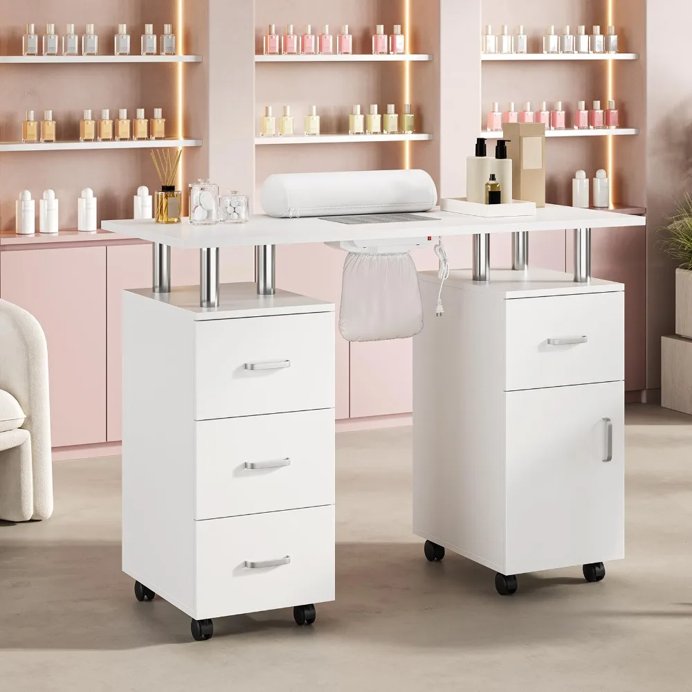 Manicure Table Nail Desk, Nail Station with Electric Dust Collector, Wrist Rest and Storage Drawers Cabinet, Beauty