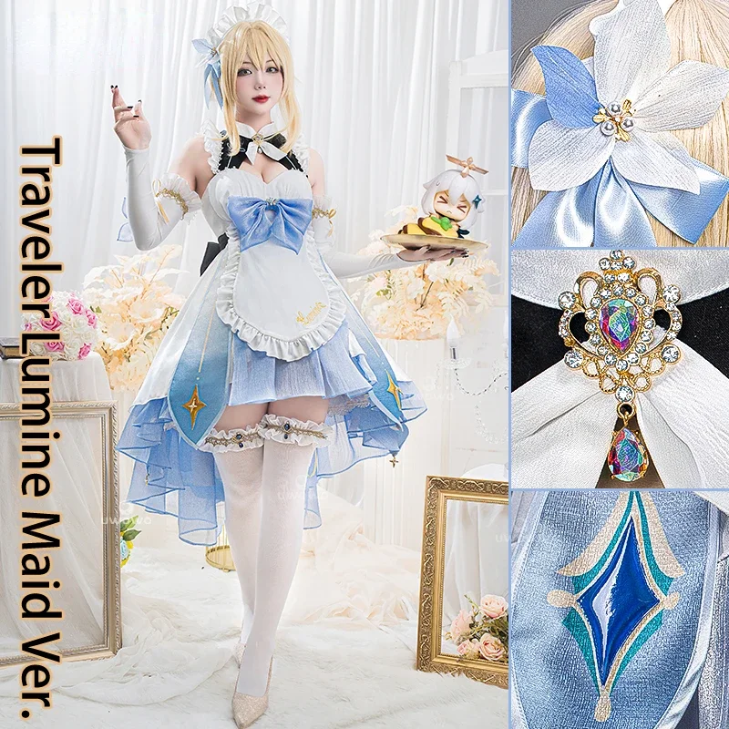 Game Genshin Impact Traveler Lumine Cosplay Costume Fanart Maid Ver. Lumine Cosplay Maid Dress Halloween Costume