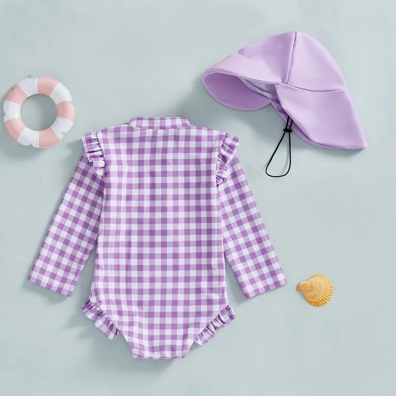 6ヶ月から4歳の幼児女の子ラッシュガード水着帽子付き2点セットチェック柄ジップアップ長袖クルーネック水着