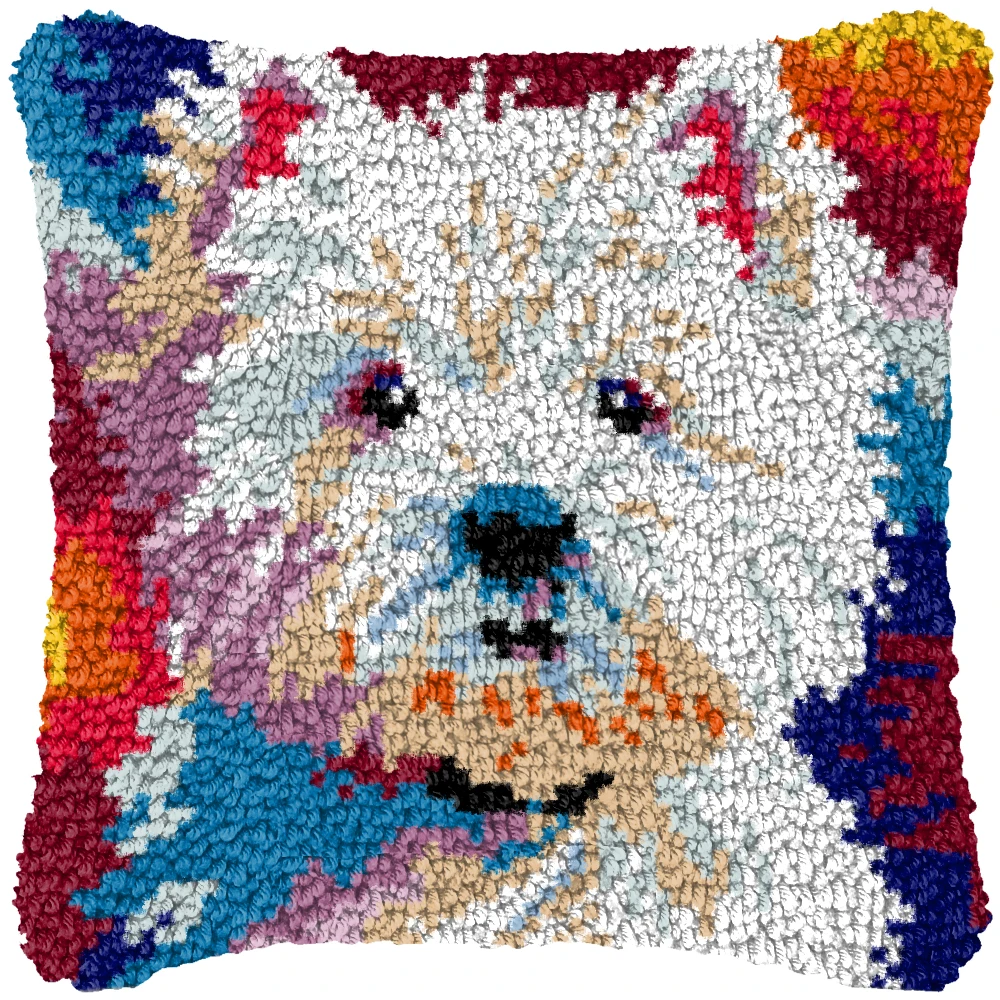 Cute Dog Embroidery Latch Hook Kit Cushion Animal Carpet Pillow Latch Hook Rug Kits Button Pad Package Smyrna Package DIY view 2