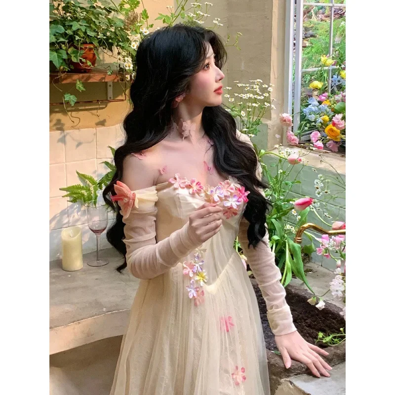 فستان جنية أنيق على الطراز الكوري الجديد للنساء لربيع وصيف موضة مأدبة سهرة فساتين ماكسي على شكل زهرة عتيقة