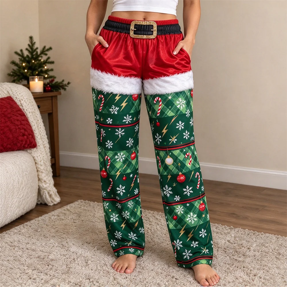 Ladies Santa Style Christmas Pants Funny Plaid Snowflake Print Elastic Long Pajama Trousers Holiday Party Home Wear Womens Pants