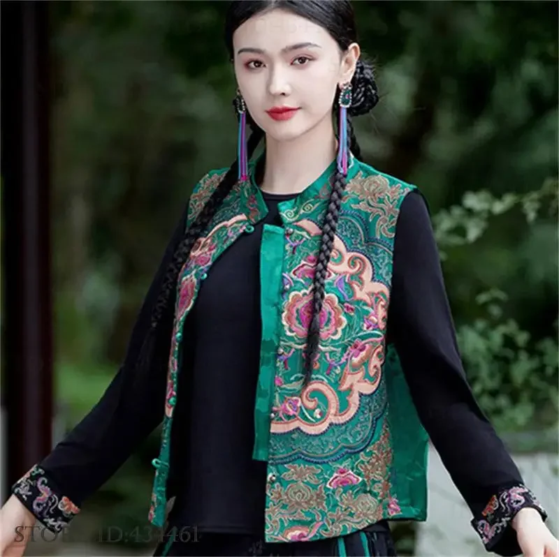

Ethnic Style Embroidered Qipao Vest New Chinese Style Tang Clothes Tops Plus Size Women Sleeveless Blouse Jacket Loose Outwear
