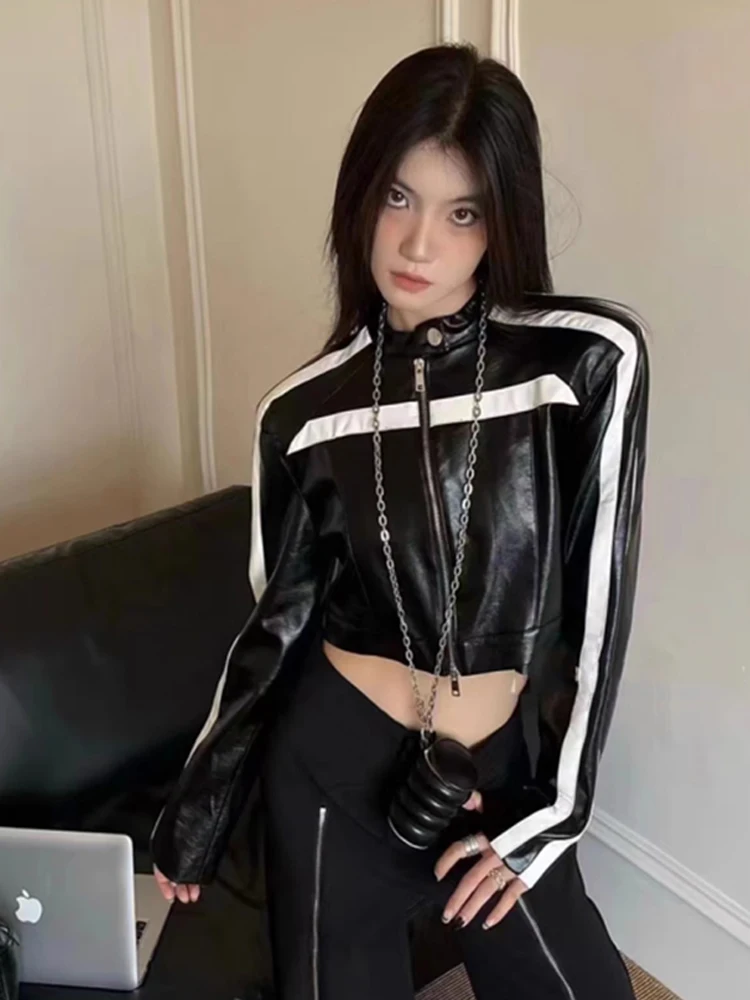 سترة من جلد البولي يوريثان قصيرة جدًا مخططة بحجب الألوان لسترة الدراجات النارية في الشارع عصرية جديدة للربيع