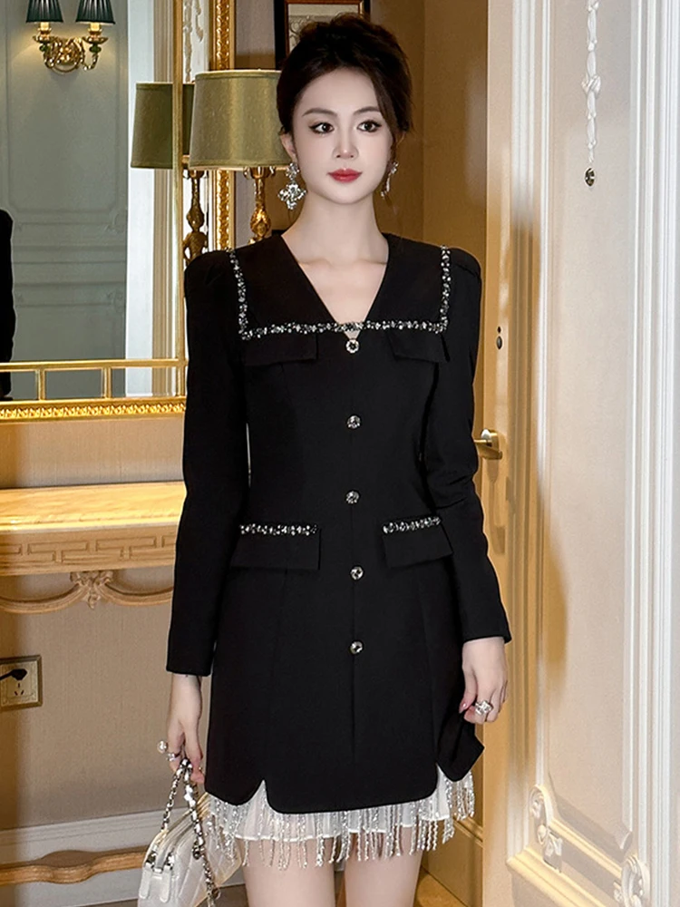 Women Clothes Black Vintage Sparkly Diamonds V-Neck Slim Mini Short Dress Elegant Party Prom Vestido Fashion Formal Occasion New