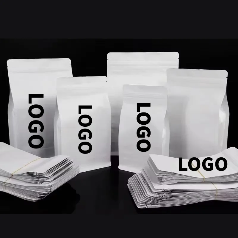 3D-Seitenfaltenbeutel aus weißem Papier mit Reißverschluss, wiederverschließbare Aufbewahrungsbeutel für gemahlenen Kaffee, Trockenfrüchte, Gewürze, Samen, Zucker und Cerealien