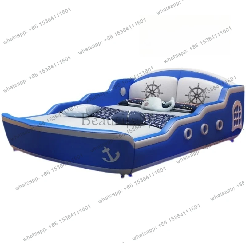 

Children's princess bed boy single with guardrail solid wood pirate ship girl 1.5m cartoon economy leather bed