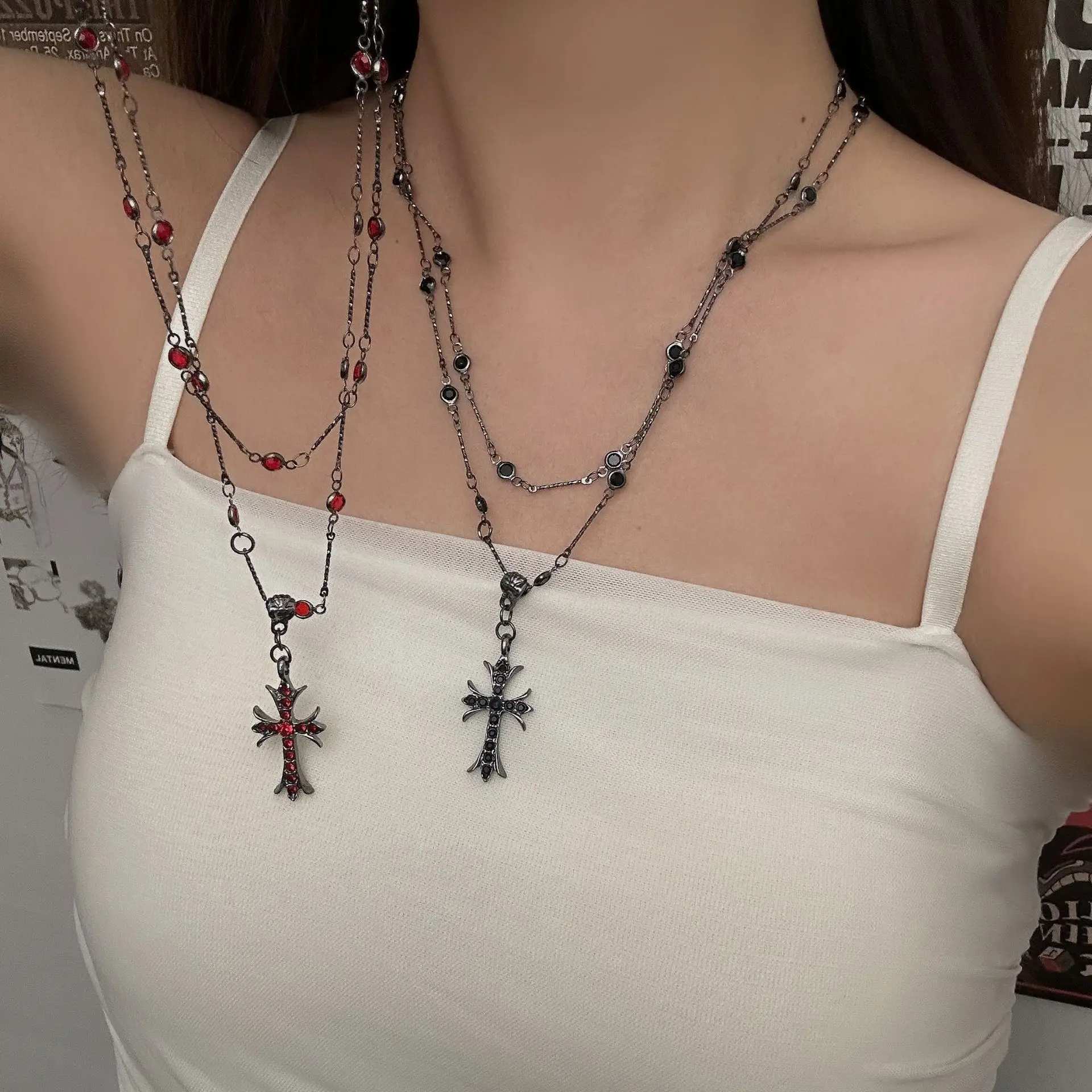 

Women Double Layer Cross Necklace Dark Punk Inlaid Zircon Pendant Cool Fashion Accessories