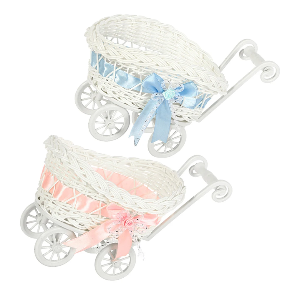 

2 Pcs Imitation Rattan Baby Stroller Ornaments Small Flower Basket Wedding Storage Trolley Kids Use Candy Pp Woven Child