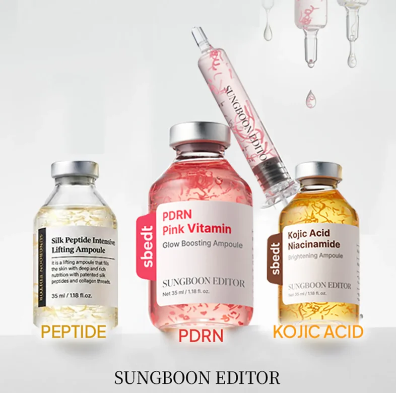 Conjunto de Ampolas de Essência Sungboon Editor 40ml PDRN Pink Vitamin Glow Boosting com Ácido Kójico, Niacinamida e Sérum Lift com Peptídeos de Seda e Ouro 24K