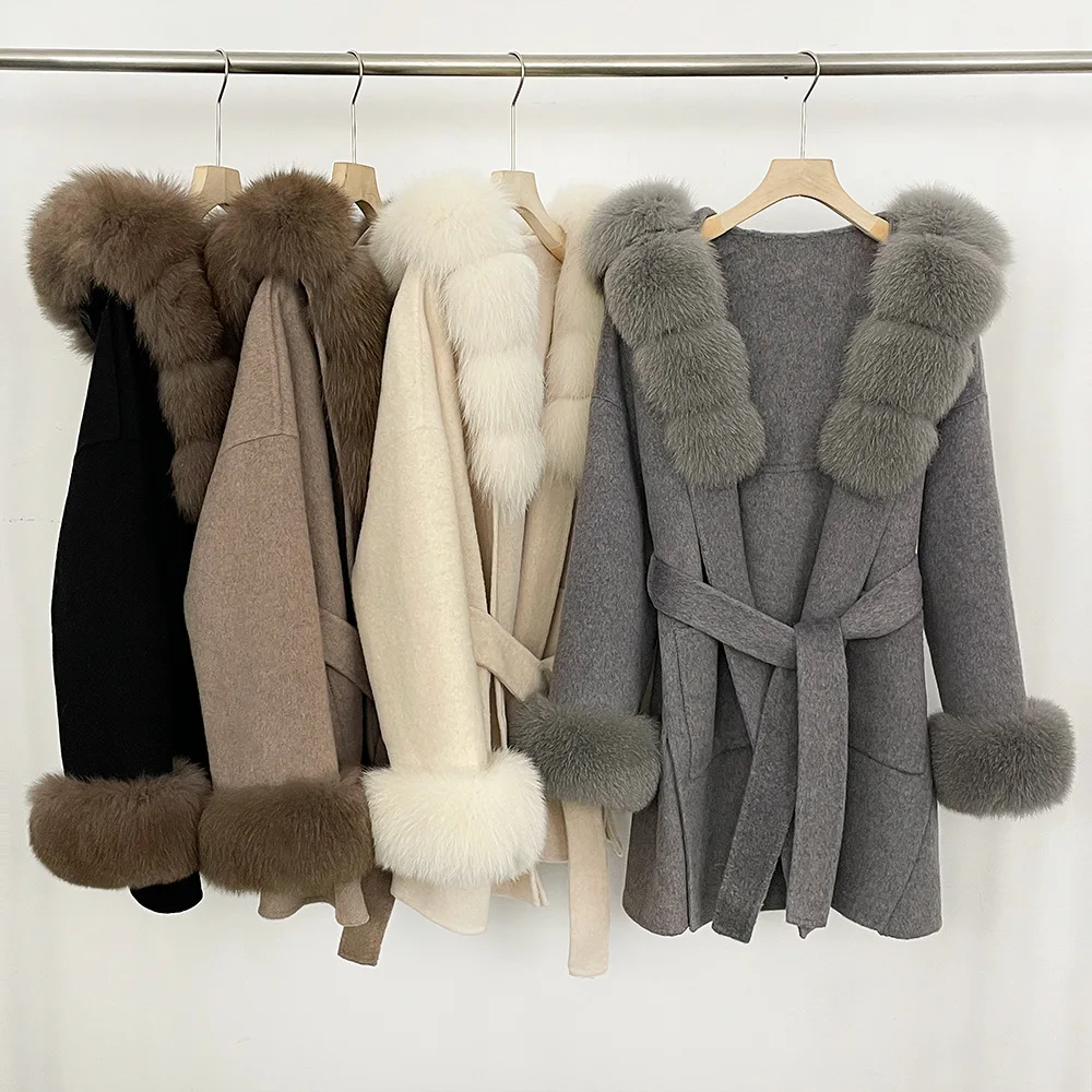 Women's 2025 Autumn and Winter New Fox Fur Collar Hooded Double-Sided Woolen Coat