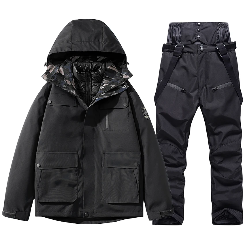 Winter Ski Suit Cotton Down Jacket and Strap Pants Outdoor Waterproof Windproof Snow Costumes Warm Snowboard Wear Male Overalls