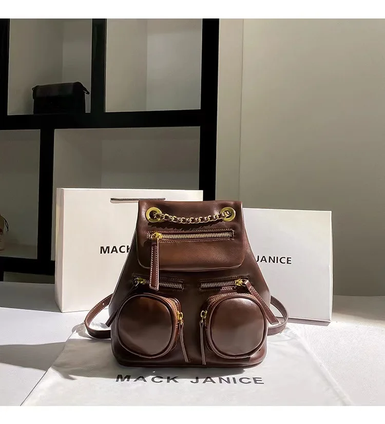 Autumn Solid Color Textured Leather Fashion Backpack High Quality Women Handbag Shoulder Chain Bag Lady Purse Female Casual Bag