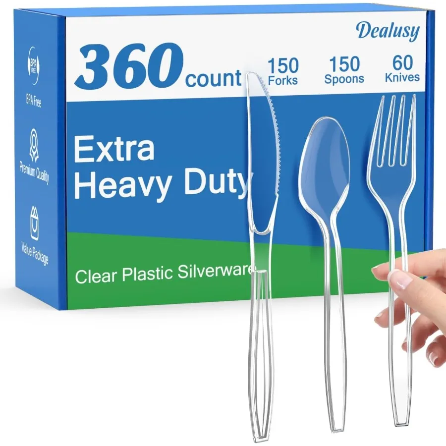 

360 Count Extra Heavy Duty Clear Plastic Silverware Set with 150 Forks 150 Spoons and 60 Knives for Large Events BPAFree and He