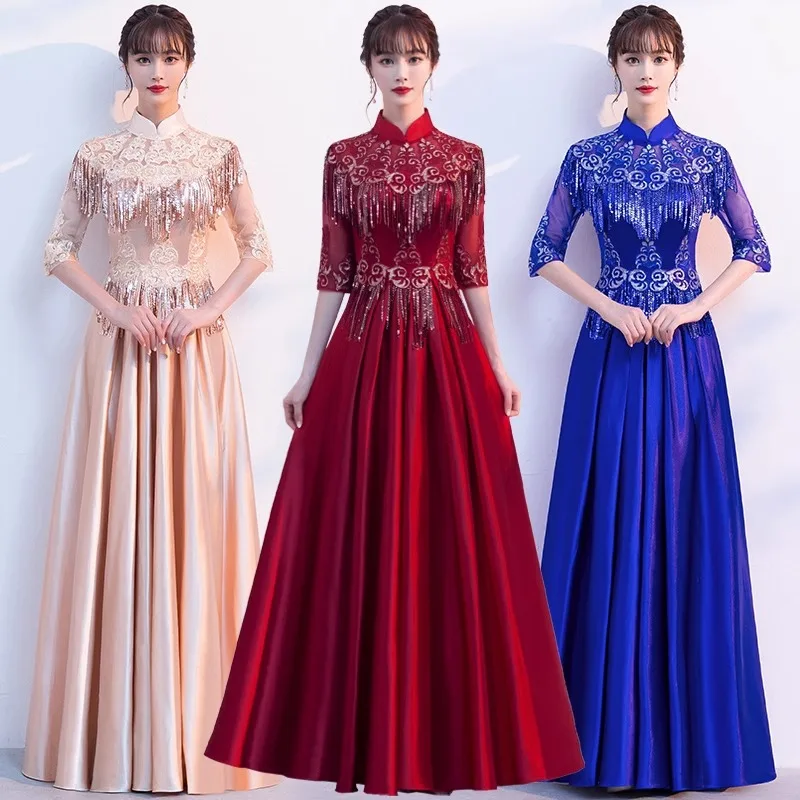 

Chinese Style Evening Party Dress Vintage Temperament Qipao Traditional Mandarin Collar Long Vestidos Big Size 4XL Cheongsam