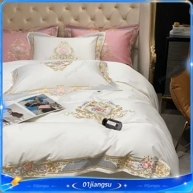 4Pcs Luxury White Egyptian Cotton Bedding Set 1000TC Embroidery Duvet Cover Fitted Sheet Pillowcases Soft Home Textile