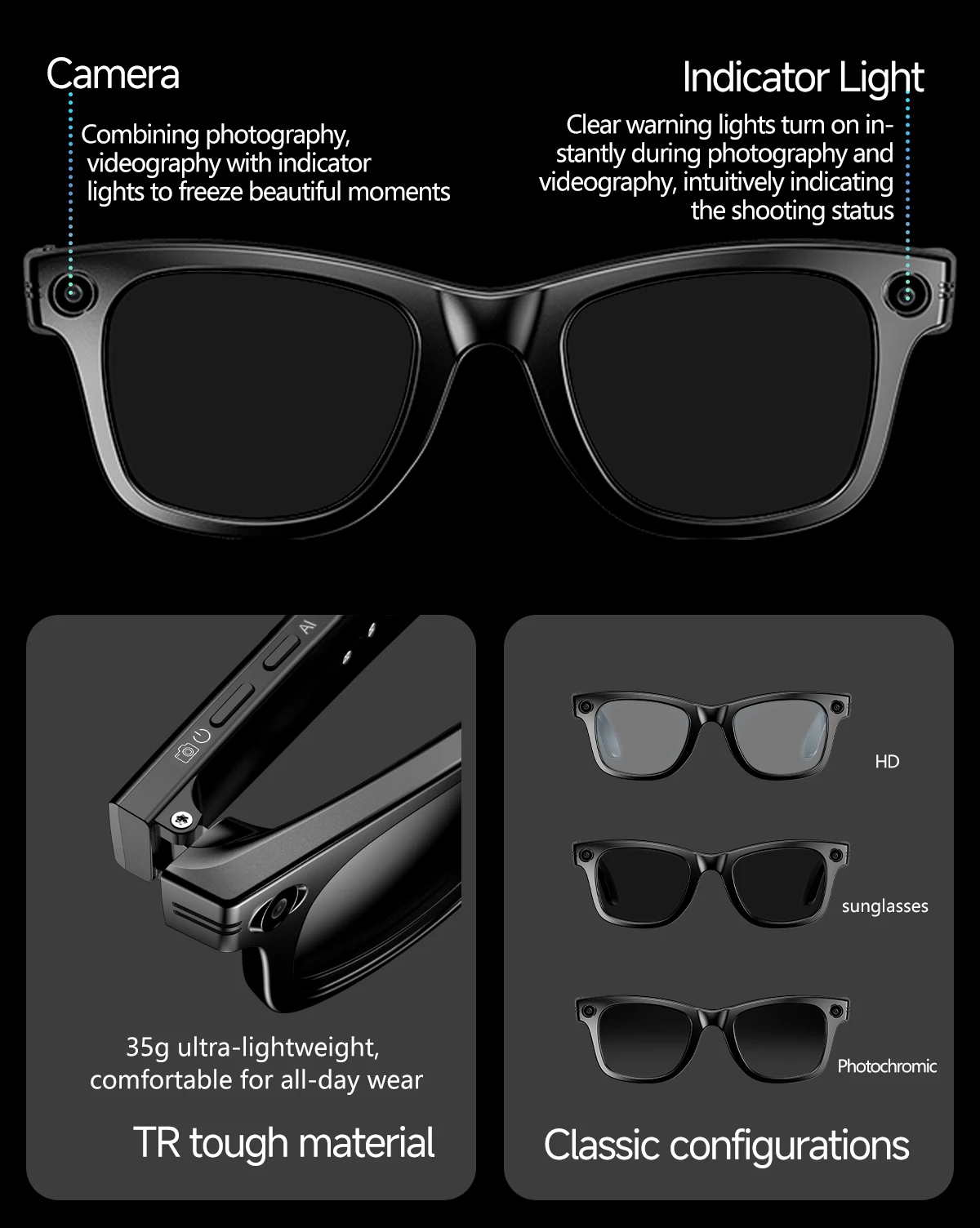 2026 Neue Kamera-Smart-Brille 8MP HD-Kamera 1080P Videoaufnahme KI-Übersetzung Bluetooth-Anruf Musik WLAN-Sonnenbrille für Männer und Frauen – Detail 4