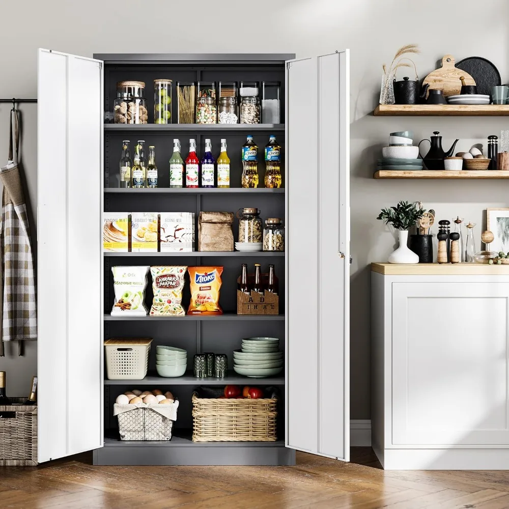 ตู้เก็บของโลหะสูง 71 นิ้ว พร้อมชั้นวางปรับระดับได้และประตูล็อคได้ สำหรับใช้ในโรงรถ สำนักงาน และบ้าน