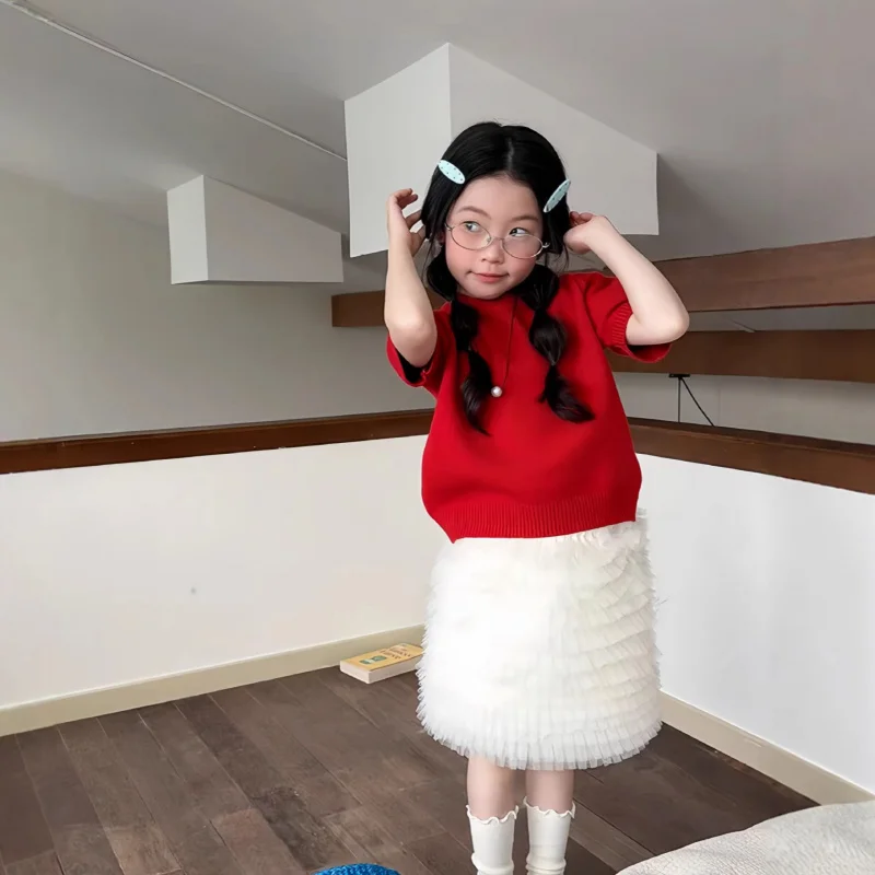 

Girls' knitted top and tulle skirt set, children's summer stylish versatile baby short-sleeve knitted skirt outfit for girls