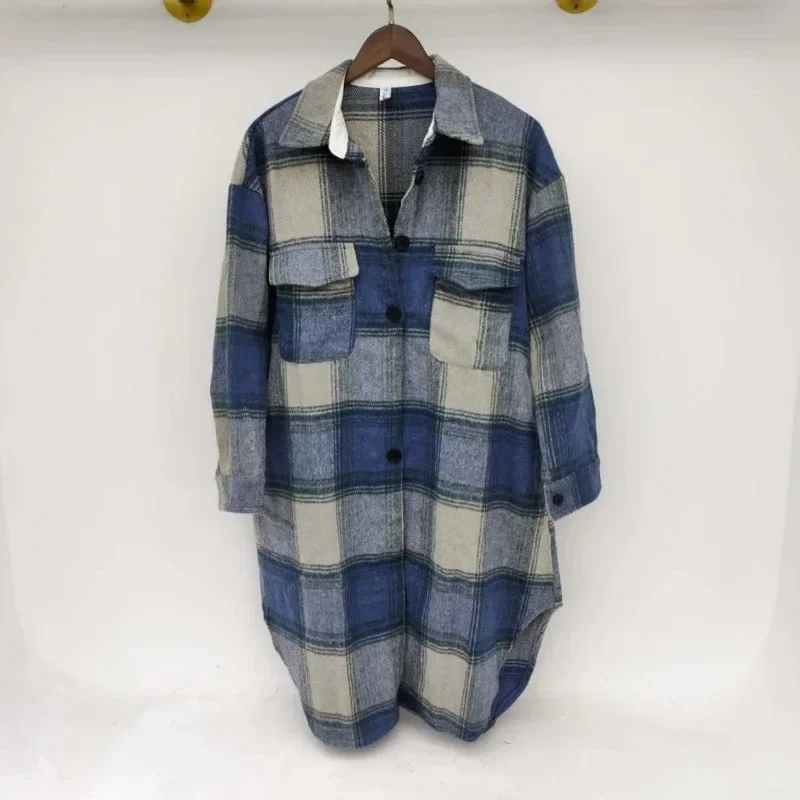 Plaid Single Tops Korean Outerwear Female Overcoat Fashion 2023 Spring Winter Women Loose Long Woolen CoatsVintage Loose Coat