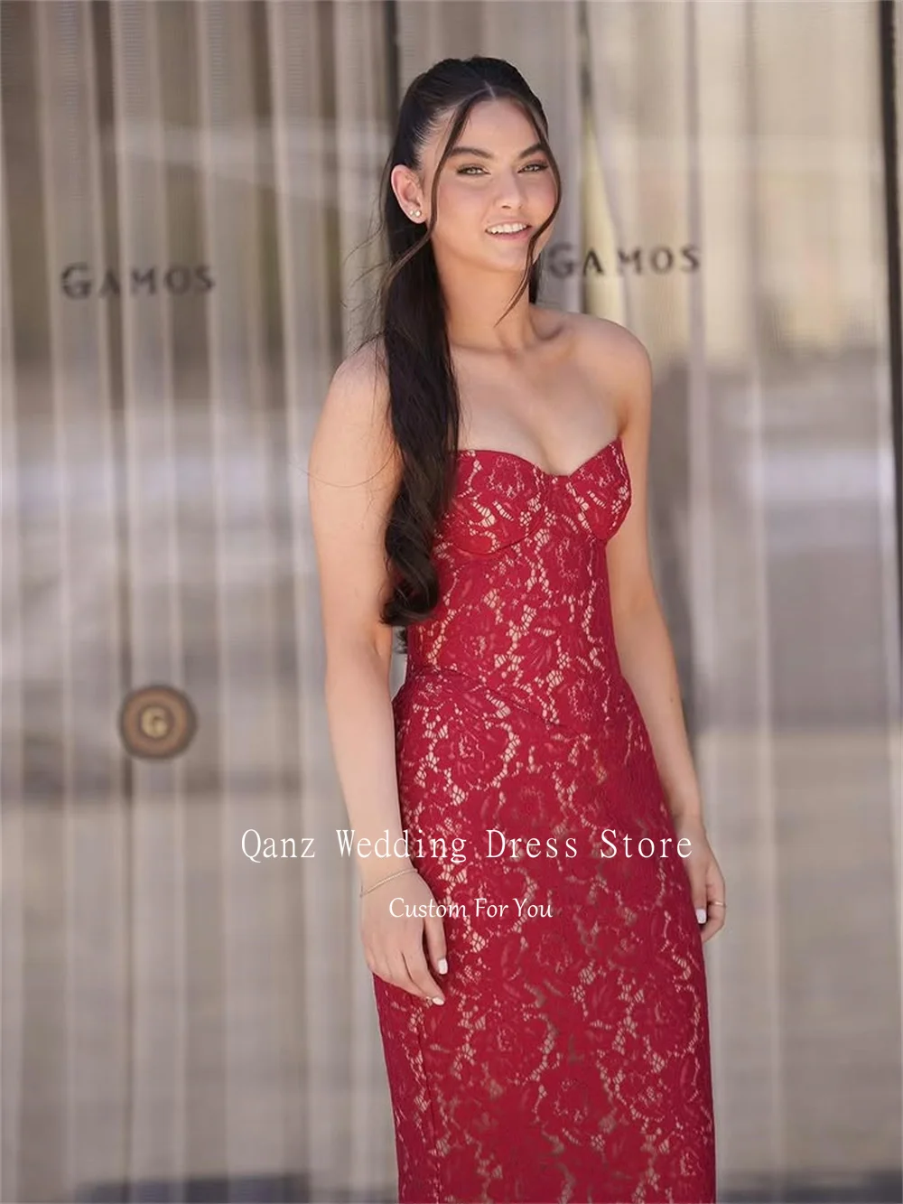 Qanz الدانتيل الأحمر يزين فساتين لحضور الحفلات الموسيقية الحبيب حورية البحر مثير فستان حفلات الزفاف مشد الظهر فساتين السهرة الرسمية حسب الطلب #3