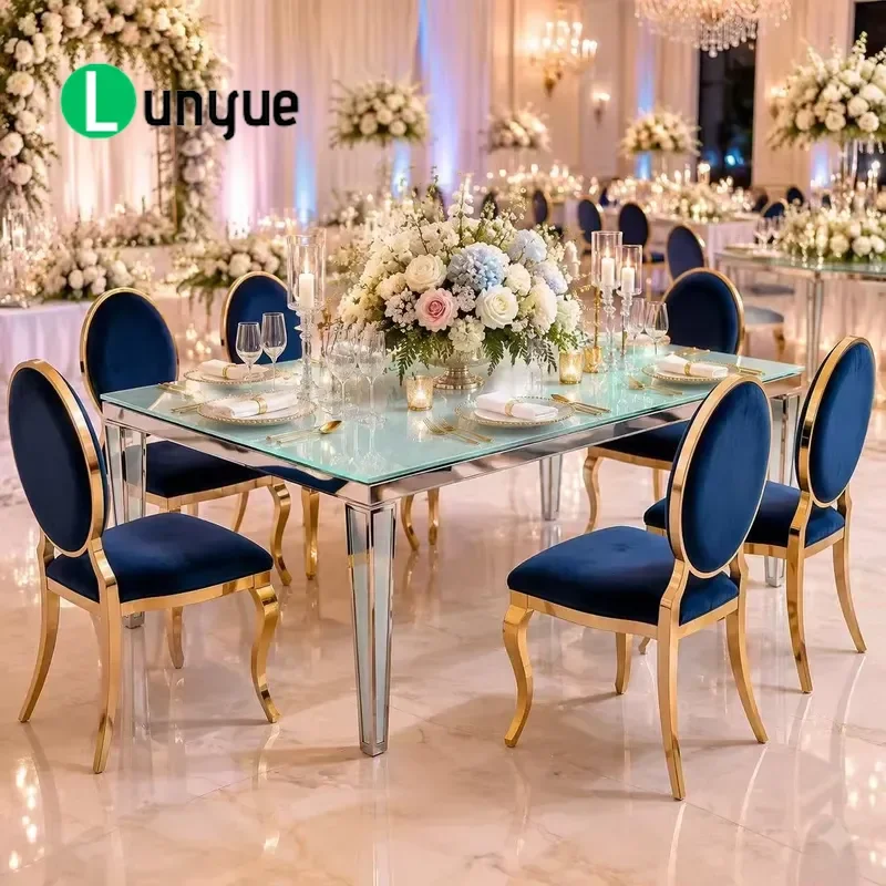 Rectangular Tempered Glass Table with Stainless Steel Silver Legs Modern Party Banquet Wedding Event Furniture Durable