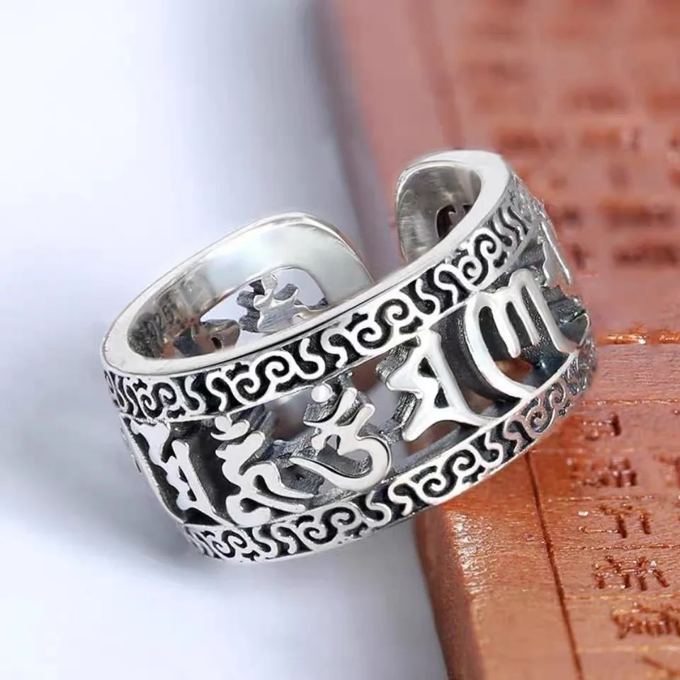 Vintage Buddhist Pray Blessings Ring For Men 925 Silver Jewelry Ethnic Hollow Words Sutra Ring Male Finger Accessories Gift