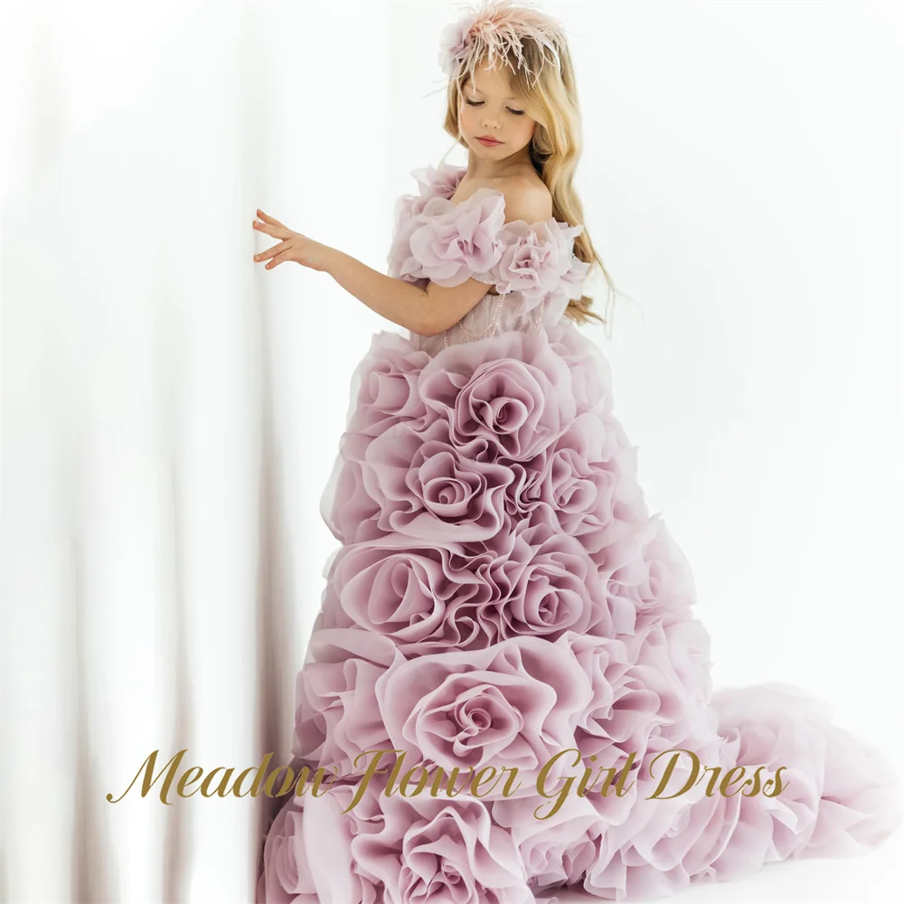 Meadow Dusty Lavender Princess Girls Dress Off the Shoulder First Communion Gown All 3D Rose Children Birthday Wedding Dresses