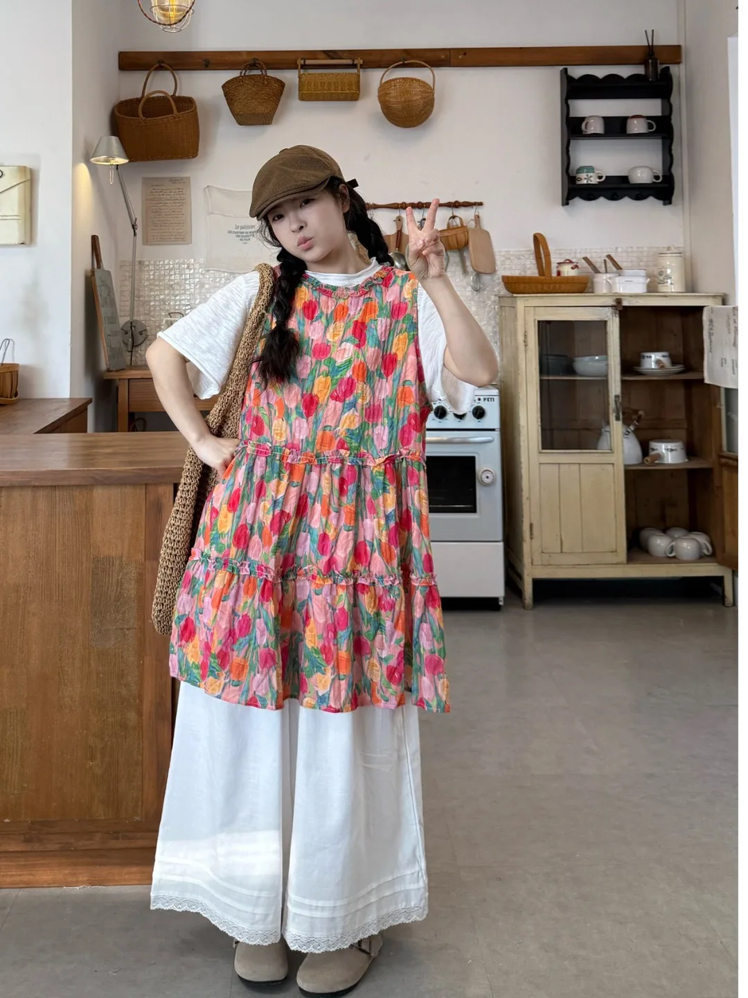 

plus Size Women's Sweet Style Sleeveless Floral Vest Dress Summer New High Waist Loose Wide Leg Pants Set Fashionable Commute...