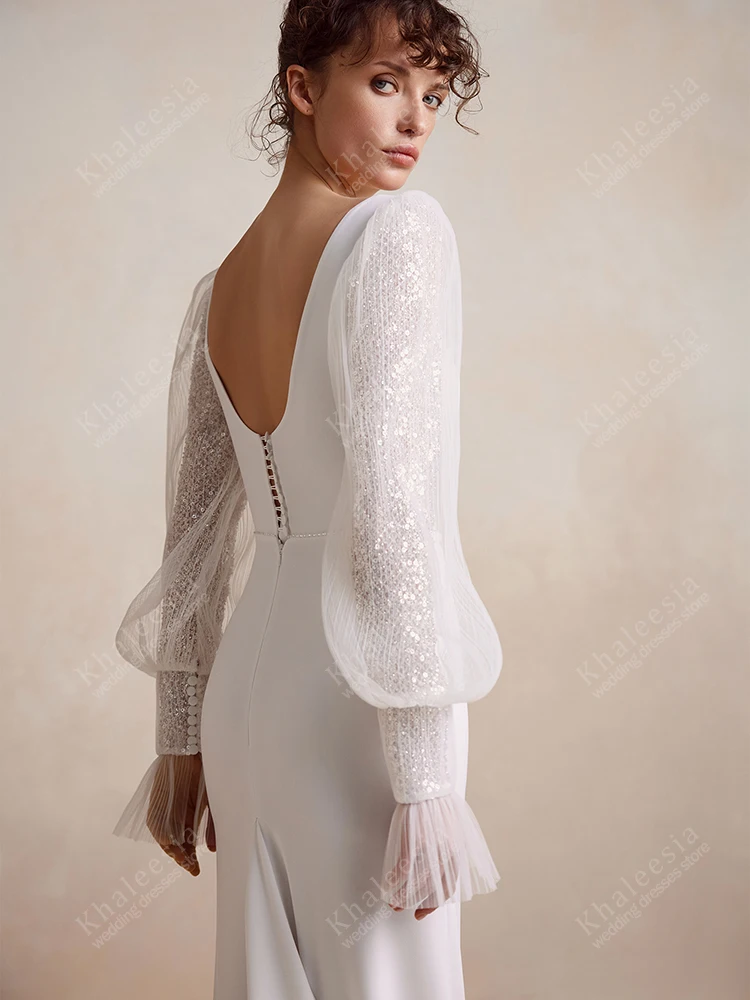 Vestidos de casamento elegantes, vestidos de noiva de cetim, mangas compridas bufantes, roupões para festa formal, encantadores, personalizados, 2025